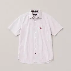 00s Burberry 半袖シャツ　ストライプ　赤　M 刺繍　ワンポイントのサムネイル