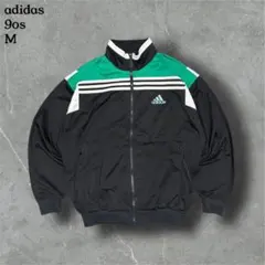 90sアディダストラックジャケットビッグロゴ刺繍ロゴブラックグリーンジャージM