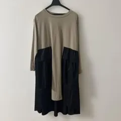 ベージュ・黒 長袖カットソーワンピース Fサイズ