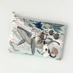 ハンドメイド おとぎの国の猫と仲間たち フラットポーチ