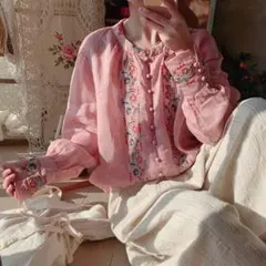 パフスリーブ 刺繍 ブラウス 薄手 人気新作 ラウンドネック 綺麗め レトロ