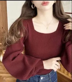スクエアネック スクエアネックタックスリーブリブニット ボルドー moment+