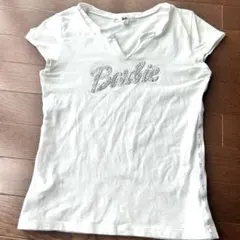 Barbie 半袖Tシャツ ラインストーンロゴ ホワイト M ストレッチコットン