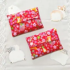 ポケットティッシュケース　柴犬柄　花柄　桜柄　和柄　レッド　赤色　ハンドメイド
