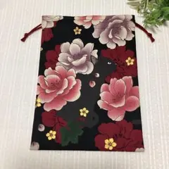 巾着袋　黒猫と牡丹　御朱印帳袋　和柄　猫　ねこ　ネコ　ハンドメイド　巾着ポーチ