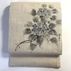 5k2186 名古屋帯　絹　夏帯　夏物　絽　手書き　作家物　ベージュ　グレー　白