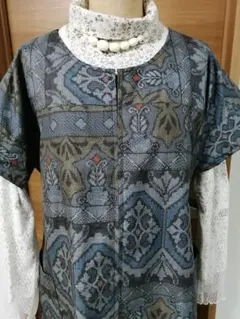 着物リメイク前開きチュニック/村山大島紬、L〜LLサイズ