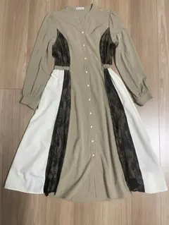 美品【axes femme】レース切替配色シャツワンピース ロングワンピース