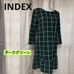 美品　INDEXワンピースチェック格子柄７分袖グリーン緑Mサイズ