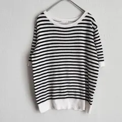 ＊ジーユー＊ 半袖ニット セーター (M) ストライプ ブラック×ホワイト