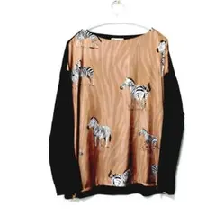 ZARA　ブラウス 　カットソーゼブラ柄 長袖 黒✕茶　美品