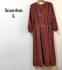 サンカンシオン　シャツワンピース　小花柄　Vネック　ウエストゴム　ダークレッドL