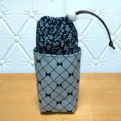 300ml前後用ミニペットボトルカバー　リボン柄　花柄　グレー色　保温保冷