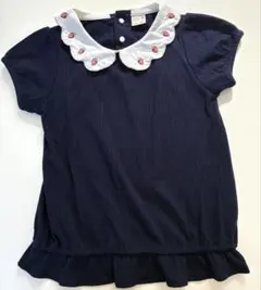 プティマイン　いちご刺繍付きネイビー半袖トップス　120 紺