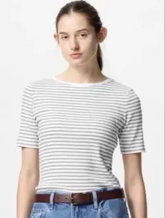 【新品】完売品　ユニクロ　リブボートネックTシャツ　五分袖　S ボーダー　春夏服