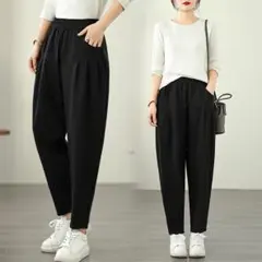 ブラック 大きいサイズ 着痩せI テーパードパンツ カジュアル レディース