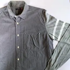 袖切替 薄ニット ギンガムチェック シャツ 日本製 刻印ボタン ベントホール L