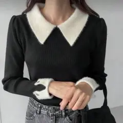 ブラック ホワイト 襟付きニット SHEIN