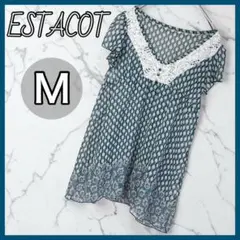ESTACOT 半袖シャツ Mサイズ グリーン 花柄 チュニック 透け感 緑のサムネイル