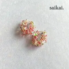 [905]チェコガラスのつぶつぶフープピアス ピンク グリーン ハンドメイド