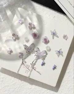 【新品未使用】バタフライ×花 ピアスセット スプリングカラー　蝶々　クリスタル風