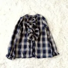 美品メルロー　チェック柄 フリル バンドカラー長袖 ブラウスキャンディスリーブのサムネイル