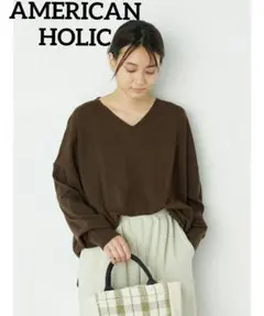 アメリカンホリック　モチフワ Vネック ニット プルオーバー ブラウン