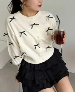 新品　one after another リボンいっぱいカーデ 　アイボリー