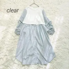 ドッキングストライプシャツワンピース 長袖 ギャザースリーブ 体型カバー F