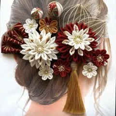 つまみ細工髪飾り　赤白金　成人式　結婚式　卒業式　袴