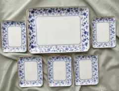 青い花柄の皿セット 7点