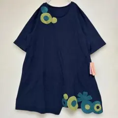 【新品】coral⁂糸刺繍ナチュラルワンピース/ゆったりLL 綿100紺 裾変形のサムネイル