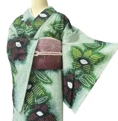 美品 有松鳴海絞り 高級浴衣 緑 草花文 身幅やや広め 身丈156 裄66 