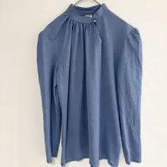 ヴィンテージ風【M相当】ギャザーブラウス ブルー スタンドカラー ラメストライプ