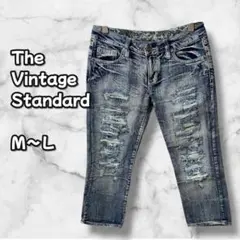 N0141　デニムパンツ　クロップド丈　ダメージ加工　ブルー　Ｍ〜Ｌ