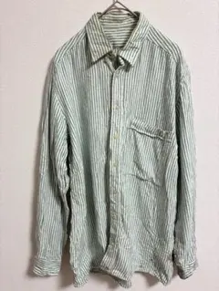 ヴィンテージ風 緑ストライプシャツ 綿 コットン ワーク リメイク ダメージあり