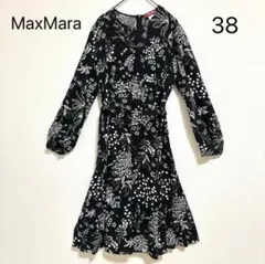 MaxMara Aラインロングワンピース38 カシュクール黒 長袖 花柄ベルト付のサムネイル