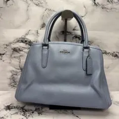 (美品)大人気、コーチ、ハンドバッグ、オールレザー、シボ革、人気色、水色、3層式