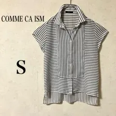 【コムサイズム】 半袖シフォンブラウス ストライプ×ボーダー S シアー