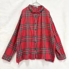 美品 チェック シャツ ブラウス リネンコットン 綿麻 長袖 赤 ゆったり Lのサムネイル