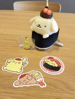ポムポムプリン 寿司 ぬいぐるみ マスコット 目印チャーム ステッカーセット