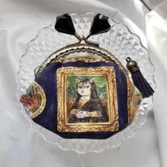♡絵画なモナリザ猫ちゃん　手のひらサイズのがま口小銭入れ　紺　猫　ねこ　ネコ