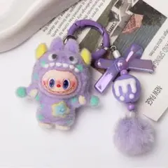 LABUBU ラブブ キーホルダー パープル リボン ポンポン付き