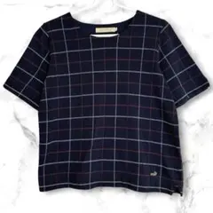クロコダイル　コットン半袖Tシャツ　ワニ刺繍　チェック柄　M ネイビー　夏のサムネイル