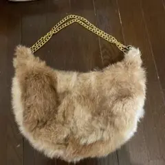 ファー ハンドバッグ ベージュ チェーンストラップ
