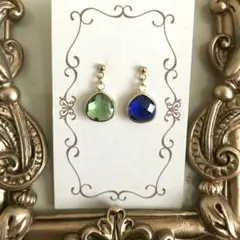 5952　ピアス　ゴールド　ハンドメイドイヤリング可 グリーン緑ブルー青ドロップ