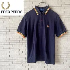 【英国製】FRED PERRY ポロシャツ S ネイビー 蛍光ライン ロゴ刺繍