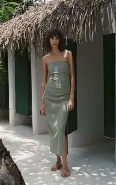 【新品】 ZARAロングドレス ドレープディテール入りミディ丈ワンピース