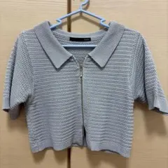 Heather ライトブルー ジップアップ 半袖ニット