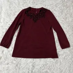 美品 レディース 長袖チュニック M ワインレッド 花柄 ビジュー 薔薇 可愛い